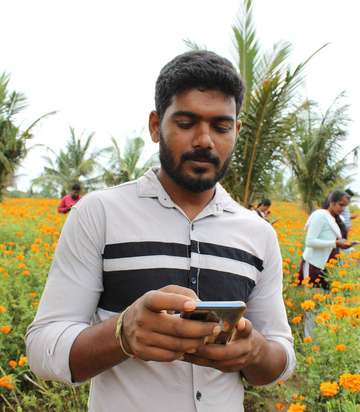 Ein junger Mann auf einem Acker in Indien schaut auf sein Smartphone.