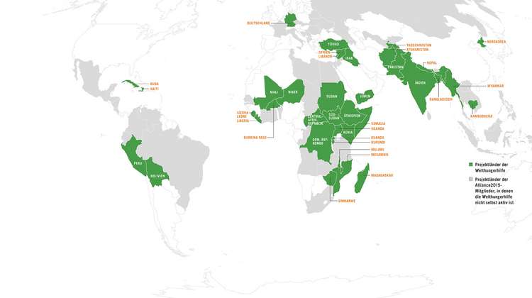 Weltkarte mit den Projektländern, in welchen die Welthungerhilfe aktiv ist.