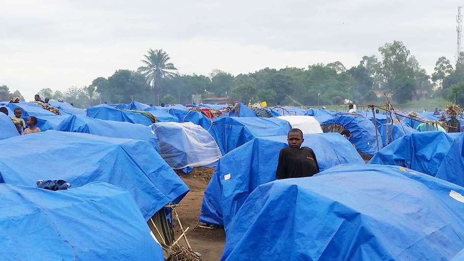 Das behelfsmäßig eingerichtete Flüchtlingscamp Mudjipela in der Stadt Bunia, DR Kongo.