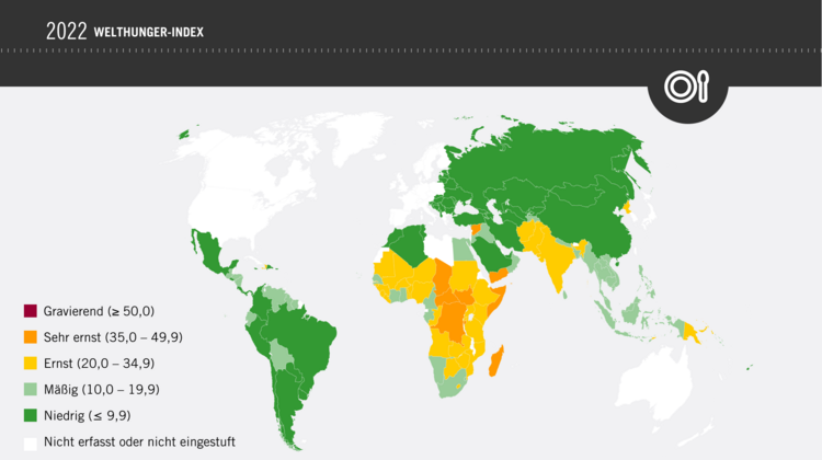 Grafik: Weltkarte mit Welthunger-Index, die Länder sind je nach Schweregrad unterschiedlich gefärbt.