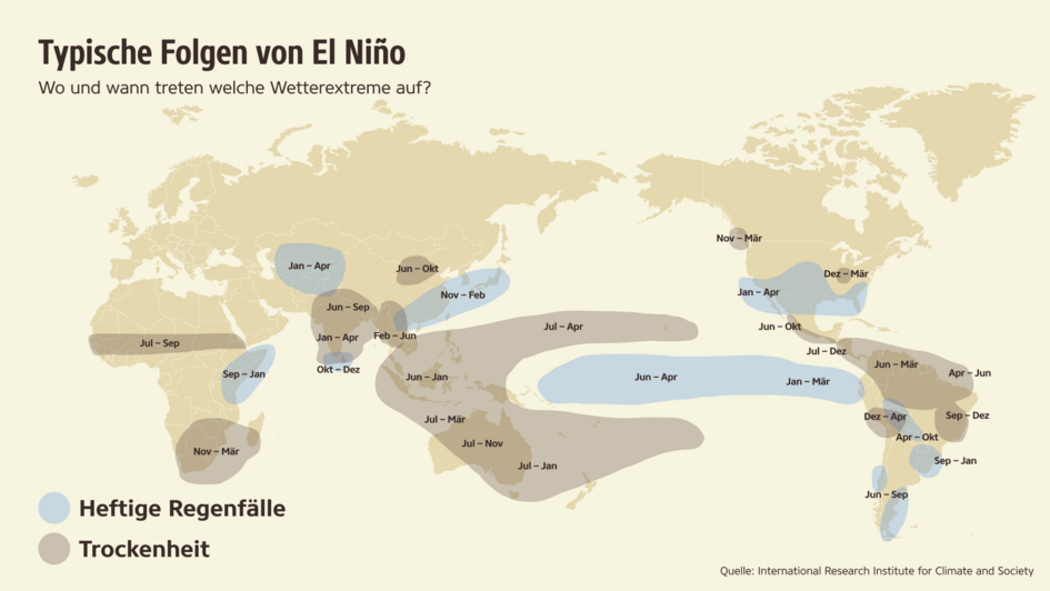 Karte: Die weltweite Verteilung von Extremregen und Trockenheit als Folgen von El Niño