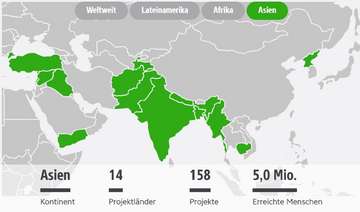 Übersichtskarte alle Projektländer der WHH in Asien, 2022.