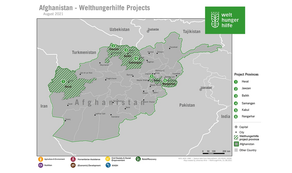 Karte: Projektregionen der Welthungerhilfe in Afghanistan, August 2021. die welthunherhilfe ist in den Provinzen Herat, Jawjzan, Balkh, Samangan, Kabul und Nangarhar tätig.
