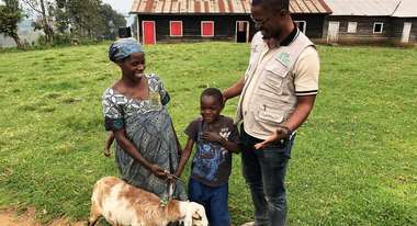 Eine schwangere Frau, ein kleiner Junge und ein Mann, vor ihnen ein Schaf.