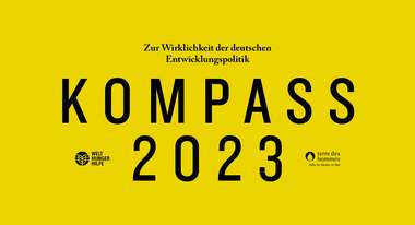 Kompass 2023: Wirklichkeit der deutschen Entwicklungspolitik. Es ist eine gelbe Fläche mit schwarzer Schrift zu sehen sowie die Logos von Welthungerhilfe und terre des hommes