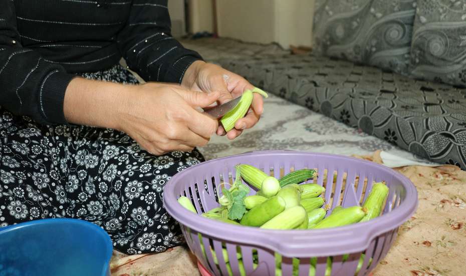 Eine Frau schneidet Gurken, Türkei 2021.