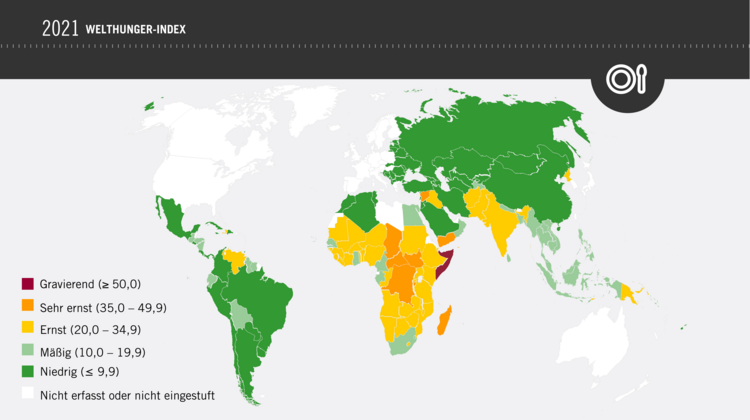 Eine Karte auf der die Hungersituation weltweit eingezeichnet ist, 2021.