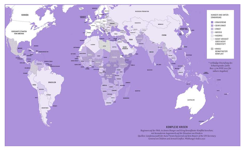 Weltkarte aus dem Kompass 2022: Regionen auf der Welt, in denen Hunger und Krieg herrschen