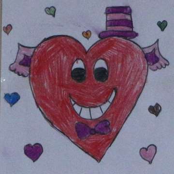 Ein gemaltes Bild eines Kindes, das Motiv zeigt ein Herz, welches ein grinsendes Gesicht hat.