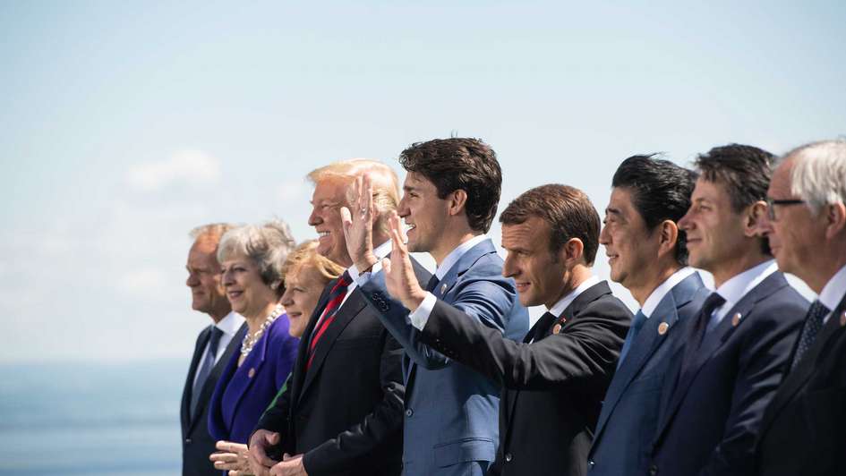 Familienfoto Staats- und Regierungschefs beim G7-Gipfel 2018 in Charlevoix, Canada