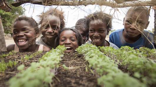 Fotografie durch ein Hochbeet mit Pflanzensamen in Mosambik: Fröhliche Kinder bilcken in die Kamera.