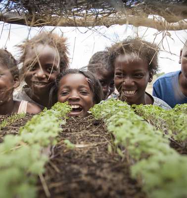 Fotografie durch ein Hochbeet mit Pflanzensamen in Mosambik: Fröhliche Kinder bilcken in die Kamera.