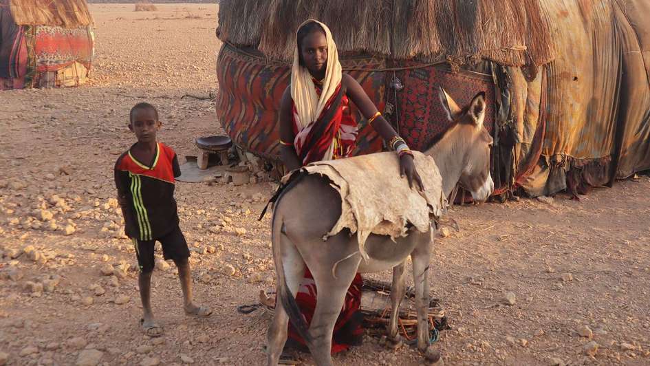 Dürre in Kenia: Eine Frau mit einem Esel und einem Jungen in Marsabit, Kenia.
