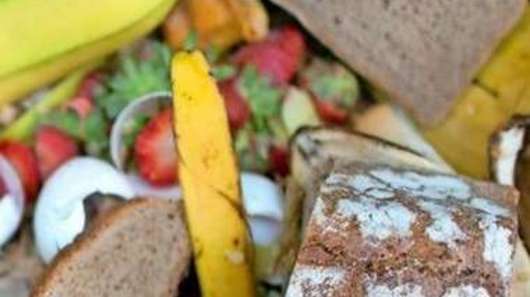 Abbildung von Lebensmitteln wie Bananen und Brot in einer Mülltonne. Zahlreiche Lebensmittel landen täglich im Müll. Es reicht mit der Lebensmittelverschwendung!