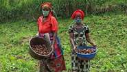 Zwei Frauen stehen mit ihrer Ernte auf dem Kartoffelfeld, Kongo 2021.