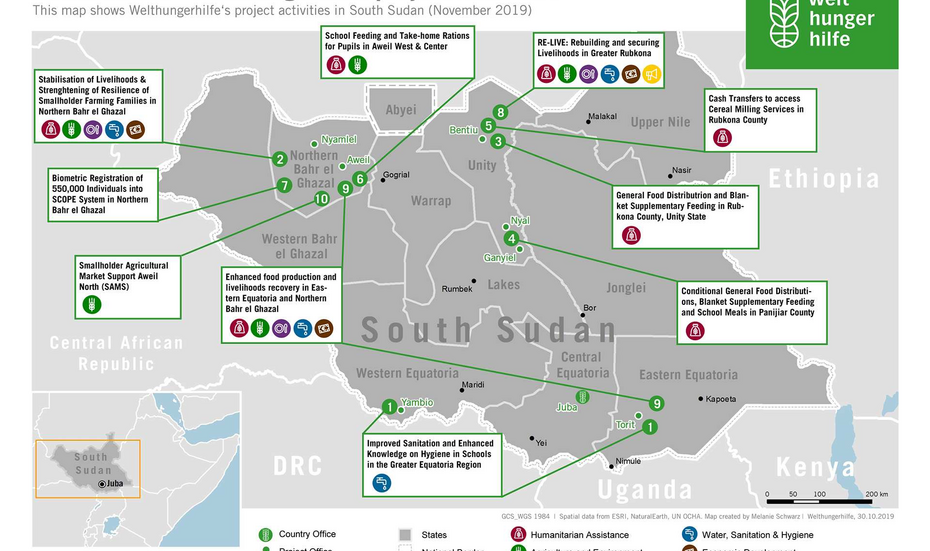 Diese Karte zeigt die verschiedenen Projekten der Welthungerhilfe im Südsudan.