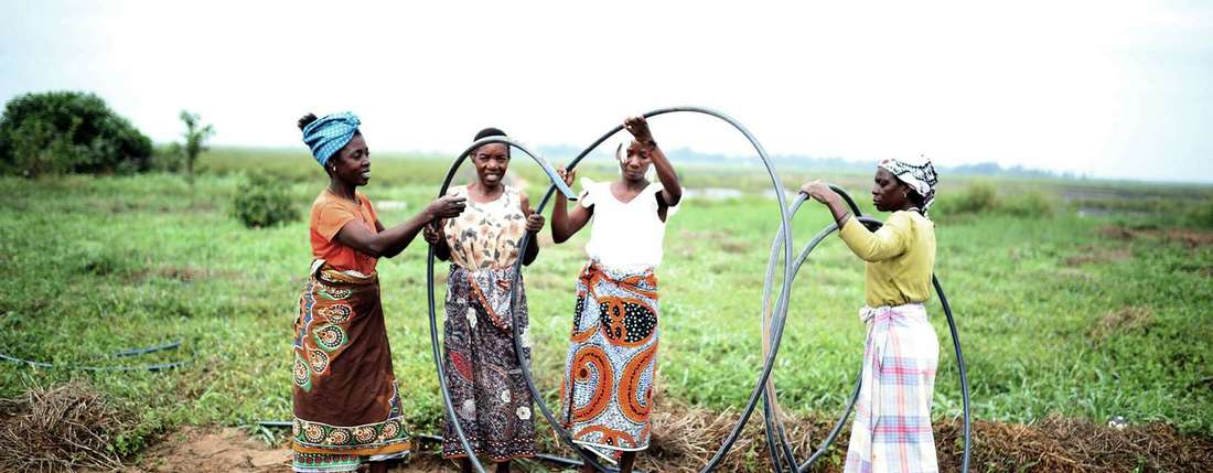 vier Frauen verlegen Schläuche zur Bewässerung eines Feldes