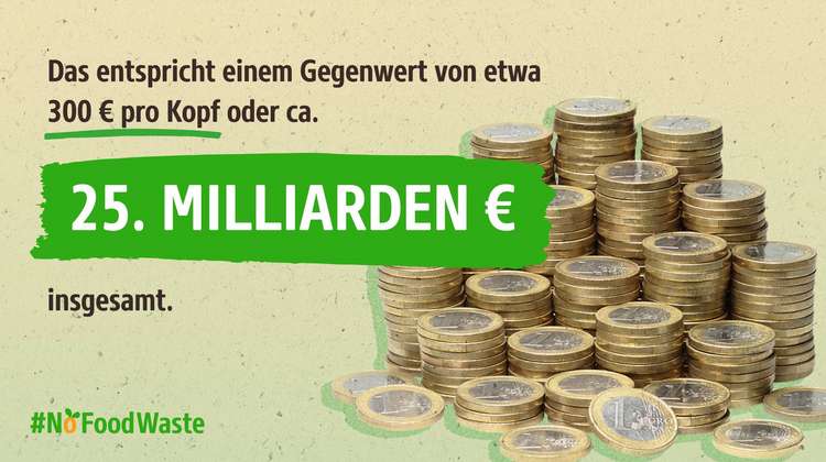 Infografik: Foto von aufgetürmten 1-Euro-Münzen, daneben der Text: Das entspricht einem Gegenwert von etwa 300 Euro pro Kopf oder ca. 25 Milliarden Euro insgesamt. #NoFoodWaste