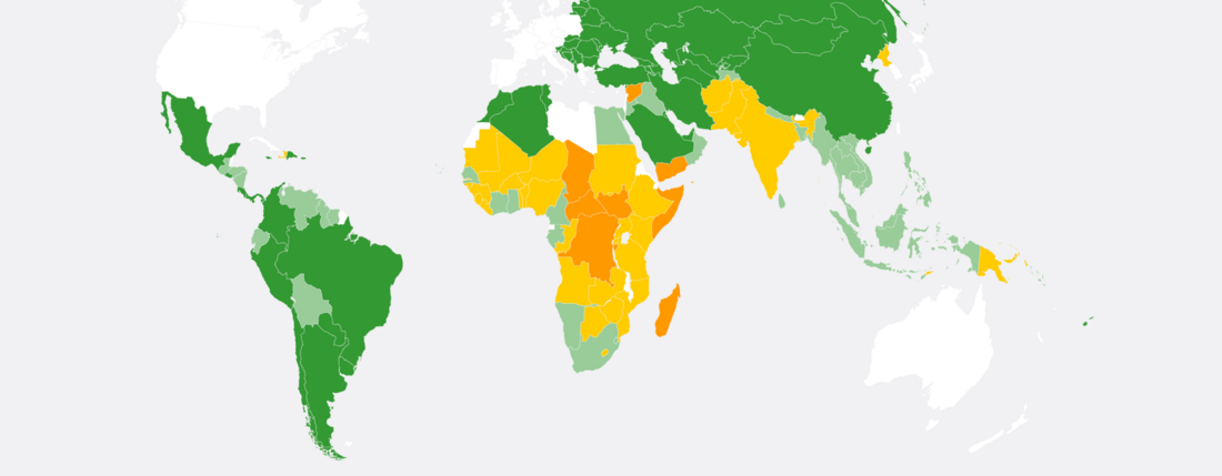 Weltkarte zum Welthunger-Index 2022: Länder sind in Grün, Gelb oder Orange eingefärbt je nach Hungersituation.