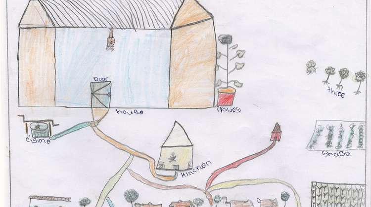Kinderzeichnung von einem Haus mit Brunnen und Garten