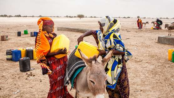 Zwei junge Frauen laden mit Wasser gefüllte Kanister auf einen Esel, im Hintergrund ist eine trockene Landschaft zu sehen.