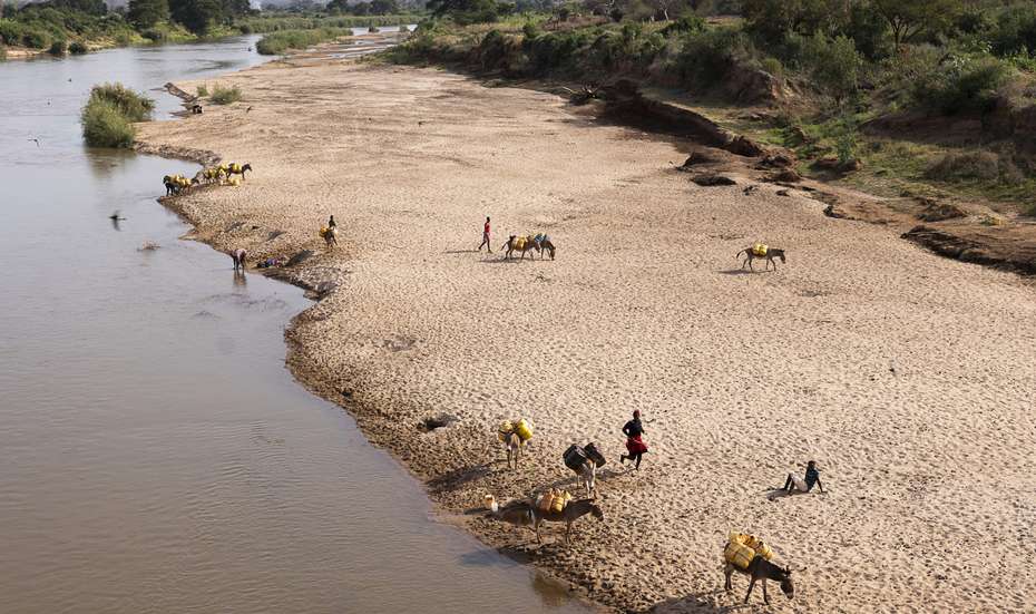 Menschen und Esel an einem Fluss in Kitui County, Kenia 2021.