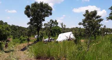 Ein Zelt einer Flüchtlingsfamilie steht inmitten einer Grünfläche.