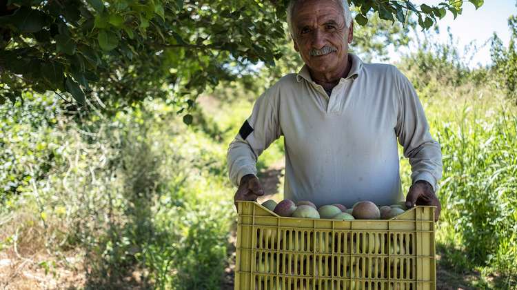 Ein älterer Mann steht mit einem Korb voller Äpfel vor einem grünen Feld und lächelt in die Kamera.