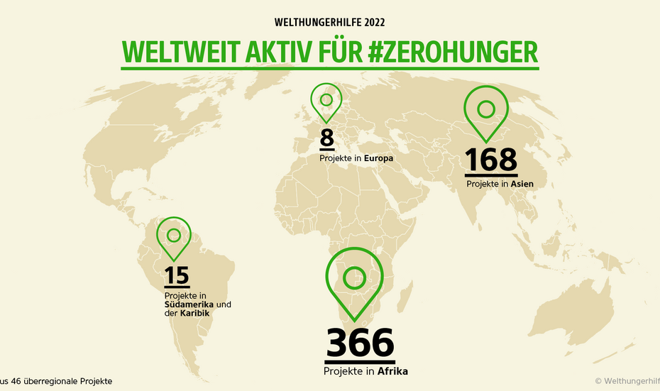 Infografik: Landkarte mit Anzahl der Welthungerhilfe-Projekte pro Kontinent