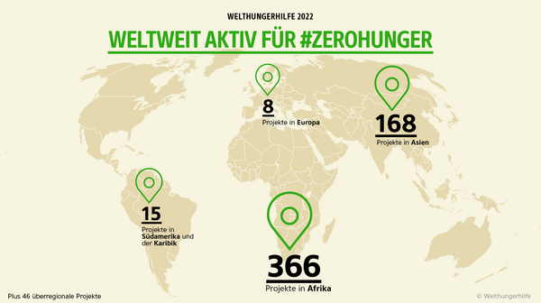 Infografik: Landkarte mit Anzahl der Welthungerhilfe-Projekte pro Kontinent