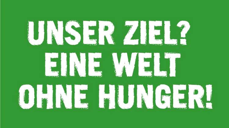 Text auf hellgrünem Grund: "Unser Ziel? Eine Welt ohne Hunger! #WirGegenHunger"