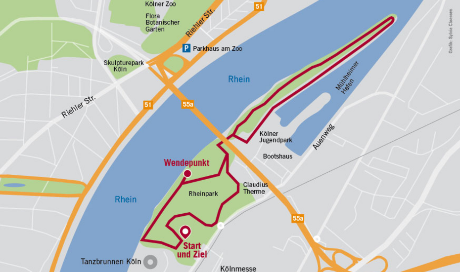 Landkarte von Köln, darauf in rot eingezeichnet der Weg des ZeroHungerRuns.