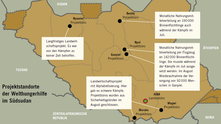 Karte vom Südsudan mit eingezeichneten Büros der Welthungerhilfe