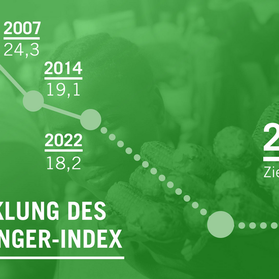Grüne Grafik, die mit Jahreszahlen, WHI-Werten und einem Graphen die Entwicklung des Welthunger-Index zeigt. 