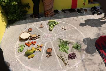 Ein auf dem Boden aufgemalter Zirkel mit darinliegender Ernte demonstriert die für eine gesunde Ernährung nötigen Nahrungsmittelgruppen.