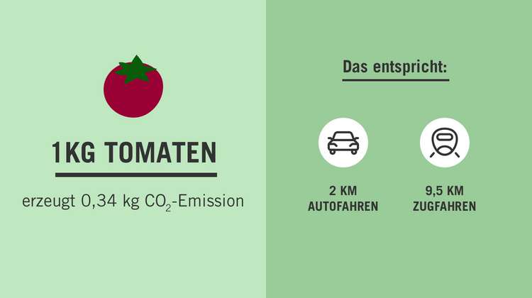 Grafik: Links eine Tomate, darunter der Text: 1 KG Tomaten erzeugt 0,34 kg CO2-Emission. Recht ein dunklerer Hintergrund und der Text: Das entspricht: 2 km Autofahren, 9,5 km Zugfahren.