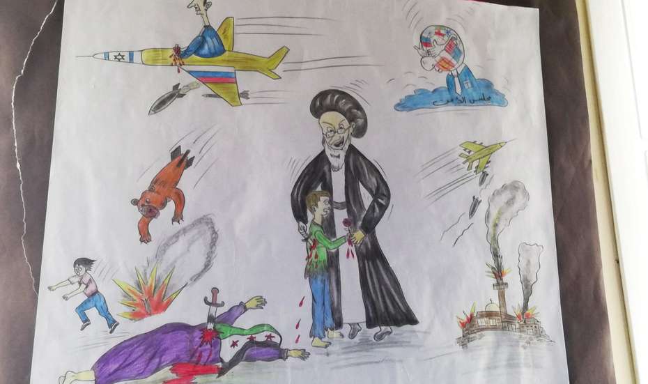 Eine weitere Zeichnung von einem syrischen Flüchtlingskind, geprägt von Gewalt und Zerstörung.
