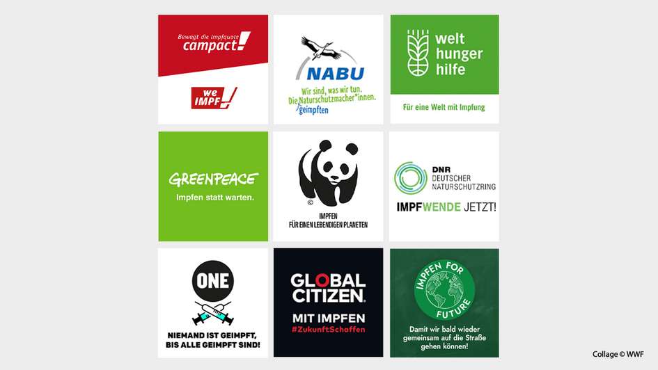 Kollage: Die 9 Logos der NGOs, die der Impf-Kampagne beigetreten sind.