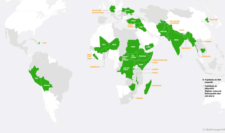 Landkarte mit grün markierten Projektländern der Welthungerhilfe