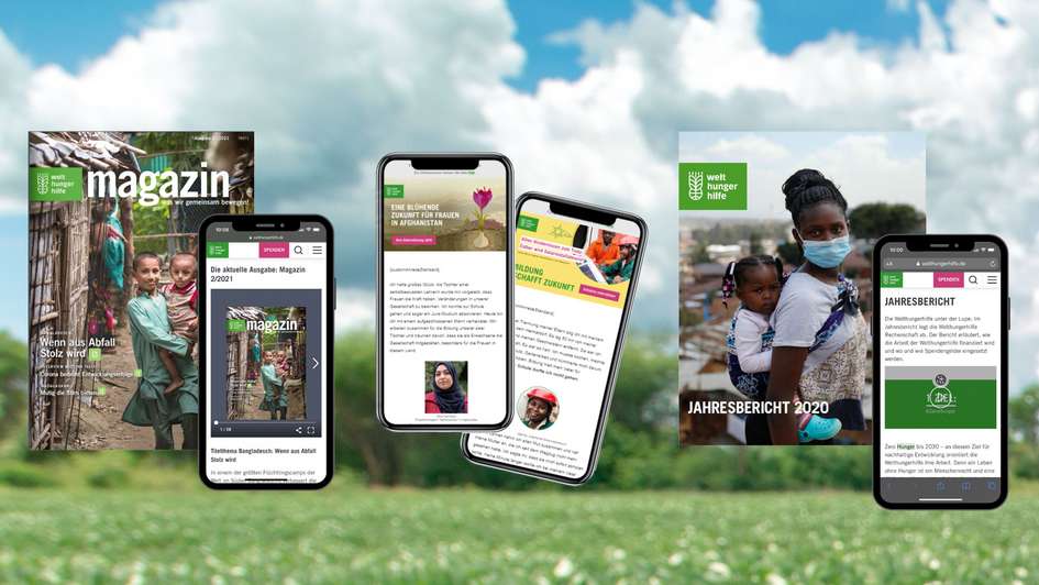 Collage: Magazin, Newsletter und Jahresbericht auf Smartphone-Bildschirmen und als Print-Produkte. Im Hintergrund ist ein grünes Feld vor blauem Himmel zu sehen.