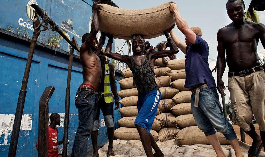 Männer verladen Säcke mit Kakaobohnen auf einen Lastwagen