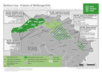 Karte vom Irak mit den Projekten der Welthungerhilfe im Irak (Stand: August 2016) 