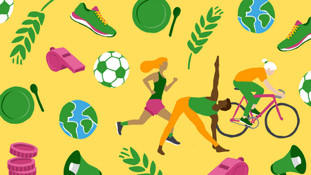 Grafik mit gelbem Hintergrund und bunten Illustrationen, z.B. ein Fußball, Menschen beim Sport und eine Weltkugel