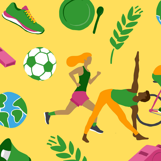 Grafik mit gelbem Hintergrund und bunten Illustrationen, z.B. ein Fußball, Menschen beim Sport und eine Weltkugel
