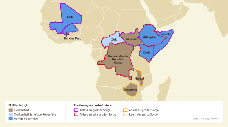 Karte: El Niño bedroht einige Länder Afrikas mit Starkregen oder Dürre