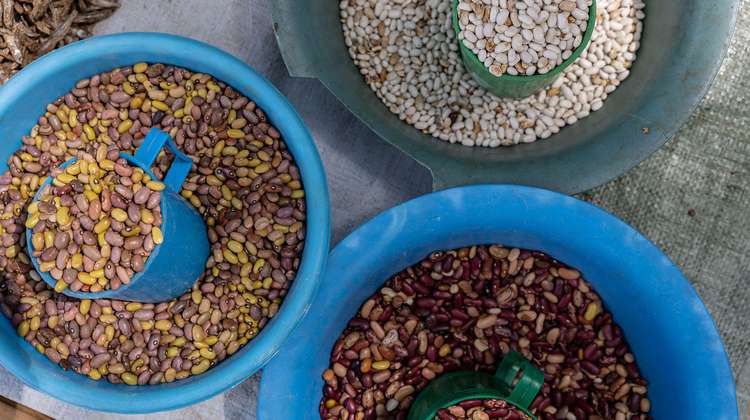 Verschiedene Lebensmittel in Schüsseln auf einem Markt in Uganda