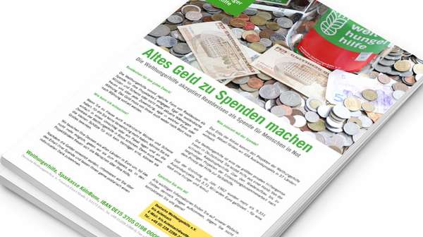 Abbildung des Infoblatts "Altes Geld zu Spenden machen". Neben dem Text des Infoblatts ist ein Foto von Münzen und Scheinen aus verschiedenen Ländern sowie eine Spendenbüchse mit Welthungerhilfe-Logo zu sehen.