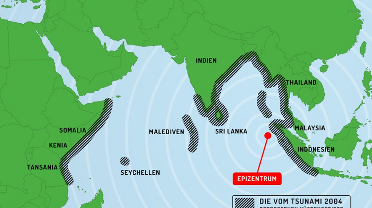 Eine Landkarte, die die betroffenen Länder der Tsunami-Katastrophe von 2004 zeigt.