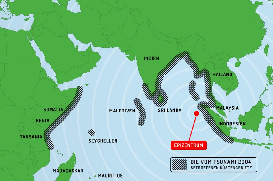 Eine Landkarte, die die betroffenen Länder der Tsunami-Katastrophe von 2004 zeigt.