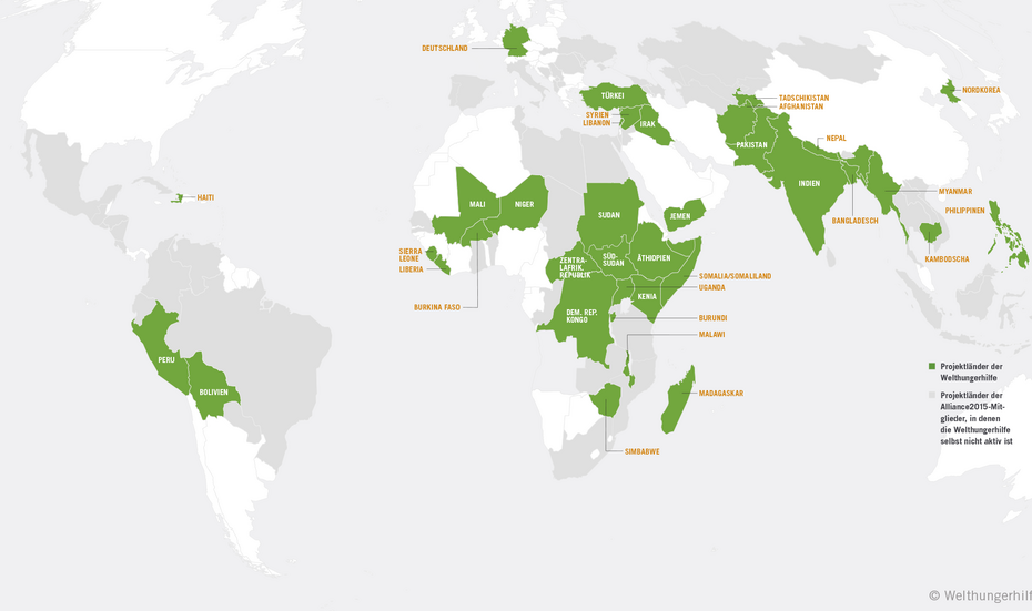 Landkarte mit grün markierten Projektländern der Welthungerhilfe.